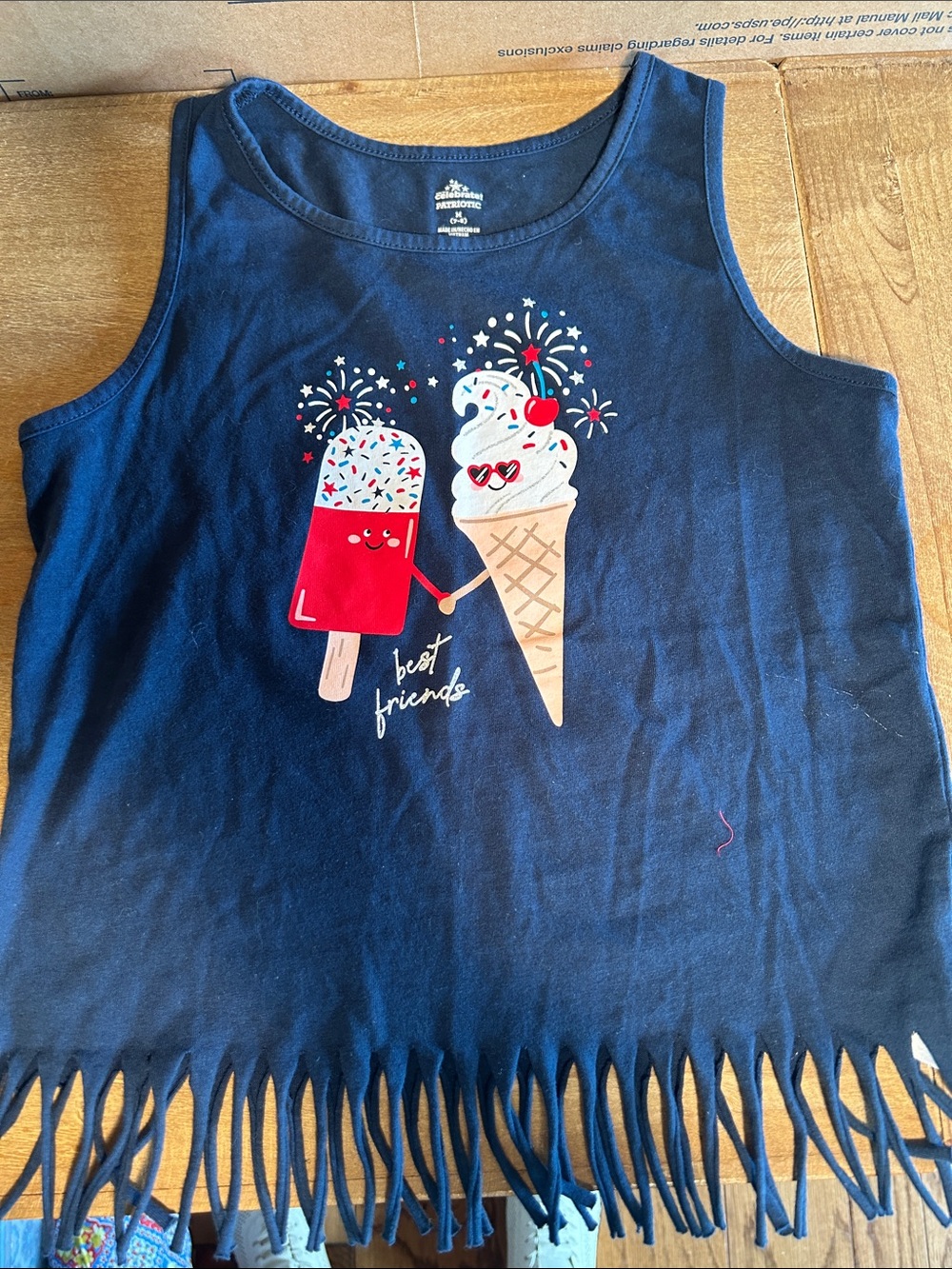 Girls Navy Ice Cream Best Friends Fringe Tank Top